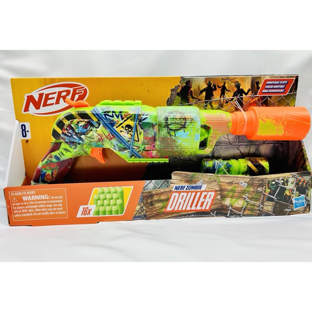 NERF Zombie Driller Dart Blaster, 16 Nerf Elite Darts Rotating 5 Dart Cylinder